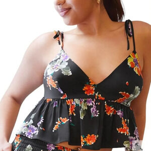 Savage X Fenty | Satin Black Floral Tie-Shoulder V-Neck Babydoll Cami Tank